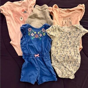 Set of 5 Bodysuits and Romper Set - Pink, Gray, Blue Floral